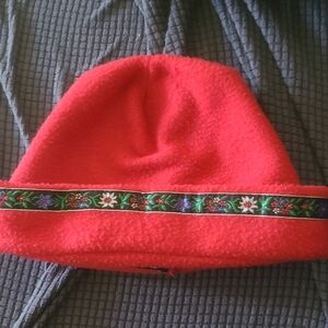 Red Polyester Fleece Beanie Hat Floral Trim Youth Sz Large